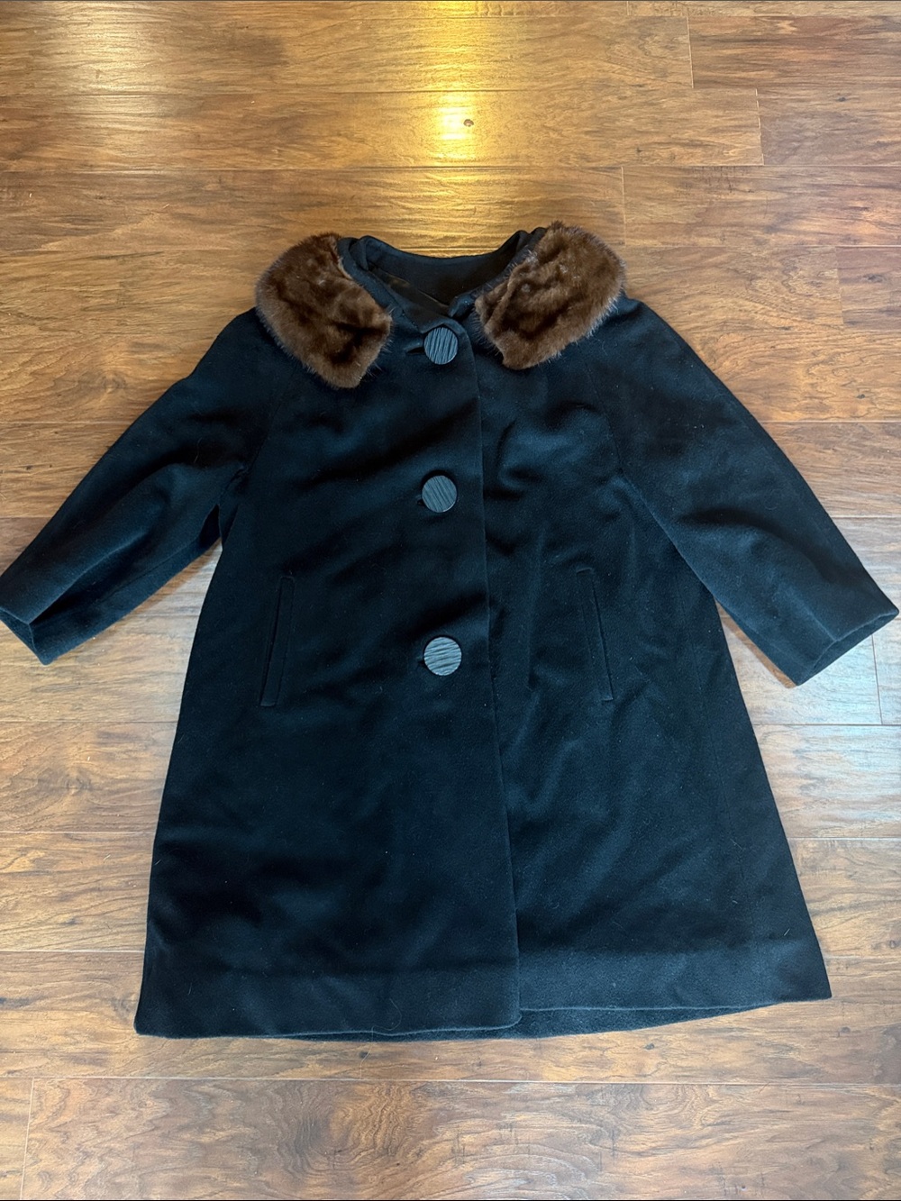 Vintage Black Women's Wool Coat with Fur Collar